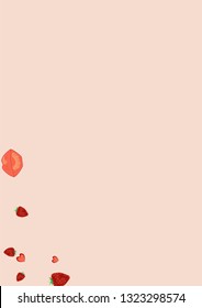 Strawberries, lips and hearts on a pink background. Romantic background with a kiss and a heart. Confetti of lips on Valentine's Day. Card for the day of lovers.