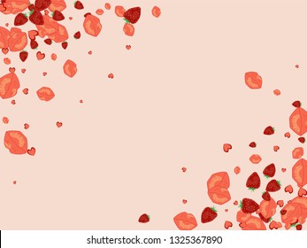 Strawberries, lips and hearts on a pink background. Romantic background with a kiss and a heart. Confetti of lips on Valentine's Day. Card for the day of lovers.