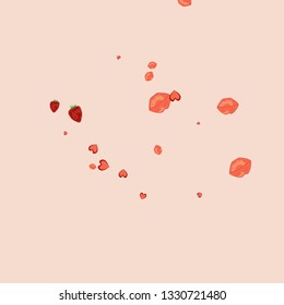 Strawberries, lips and hearts on a pink background. Romantic background with a kiss and a heart. Confetti of lips on Valentine's Day. Card for the day of lovers.