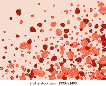 Strawberries, lips and hearts on a pink background. Romantic background with a kiss and a heart. Confetti of lips on Valentine's Day. Card for the day of lovers.