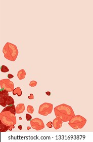 Strawberries, lips and hearts on a pink background. Romantic background with a kiss and a heart. Confetti of lips on Valentine's Day. Card for the day of lovers.