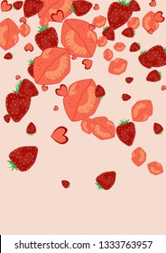 Strawberries, lips and hearts on a pink background. Romantic background with a kiss and a heart. Confetti of lips on Valentine's Day. Card for the day of lovers.