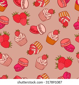Strawberries, macaroons and cupcakes seamless pattern vector. Doodle collection fresh fruits and confection