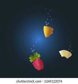 Strawberries, mango and pineapple slices falling into the water. Slices of fruit on a dark background.