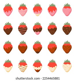 Strawberries in milk, black and white chocolate set. Vector illustration.