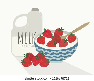 Strawberries and milk in a bowl vector illustration. Milk and strawberries menu. Strawberries in milk recipe. 