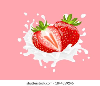 Strawberries and milk splash with milk dopplet on pink background, close up hand drawing vector illustration.