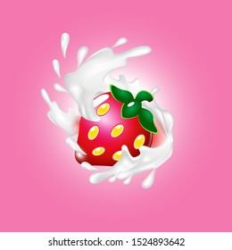 Strawberries with milk splash isolated on cool background. Juicy and fresh fruit strawberry and milk splash. 3D vector icon.