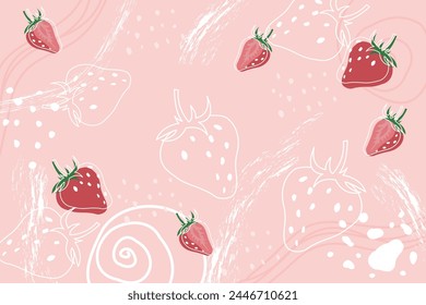 Strawberries on abstract pink background. Template for banner, poster, bar, cocktail. Illustration of drink for menu or packaging design. Vector illustration