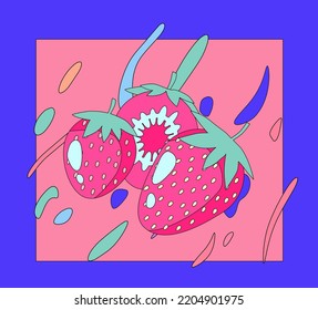 Strawberries on a pink background. City pop vaporwave style illustration.
