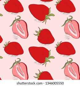 Strawberries on pink decoraition. Modern food fabric pattern. Dessert fruit natural background. Healthy berry illustration