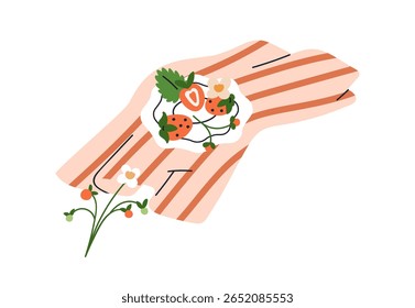 Strawberries on plate, cloth towel. Fresh summer berries on fabric, countryside picnic. Seasonal food, rural country cottagecore aesthetic. Flat vector illustration isolated on white background