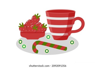 Strawberries on a plate, glass for a drink, color illustration on a white background, for print and decoration