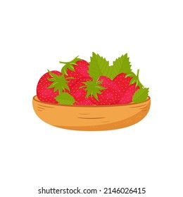 Strawberries are on a plate. Juicy berry. Color vector drawing in a flat style on a white background.