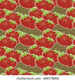 Strawberries on a polka dot background. Seamless pattern. For web page background, wrapping paper, Wallpaper and other printed materials. Vector illustration.
