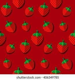 Strawberries on red background, flat design pattern