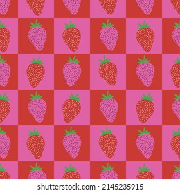 Strawberries on red and pink checkerboard seamless pattern. Great for stationary, textile , posters and gift wrapping paper 