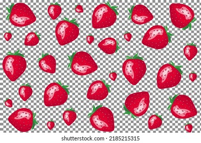 Fresas con un fondo transparente.
 Patrón sin foco con bayas rojas, maduras, deliciosas.Ilustración vectorial en estela de dibujos animados. Plantilla para diseño e impresión en tela, papel.