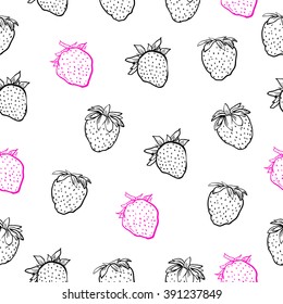 strawberries on a white background. Pop Art. Seamless texture. Hand drawing. Stylized berries. LINEAR strawberries on a white background. Texture. Suitable for bars