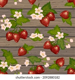 Strawberries on a wooden background.Branches of ripe strawberries with flowers on a wooden background in a color vector pattern.