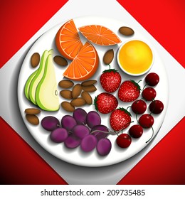 Strawberries, orange slices, cherries, grapes, almonds  and honey on a white plate. Vector illustration.