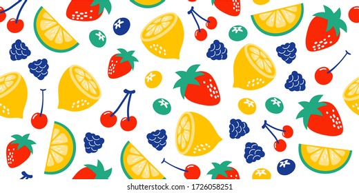 Strawberries oranges cherries blueberries blackberries on a white background. Bright illustration of summer fruits. Fruit seamless background. Set of fruits. Collection of colorful cartoon fruit icons