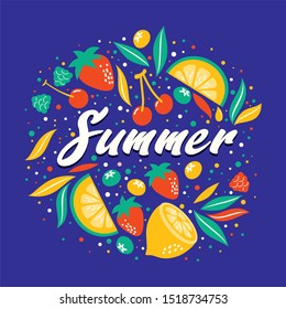 Strawberries oranges cherries blueberries on a white background. Bright summer fruit illustration. Fruit Mix design for fabric and decor. Collection of fruits. Set of colorful cartoon fruit icons