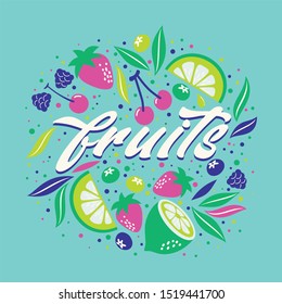 Strawberries oranges cherries blueberries on a white background. Bright summer fruit illustration. Fruit Mix design for fabric and decor. Collection of fruits. Set of colorful cartoon fruit icons