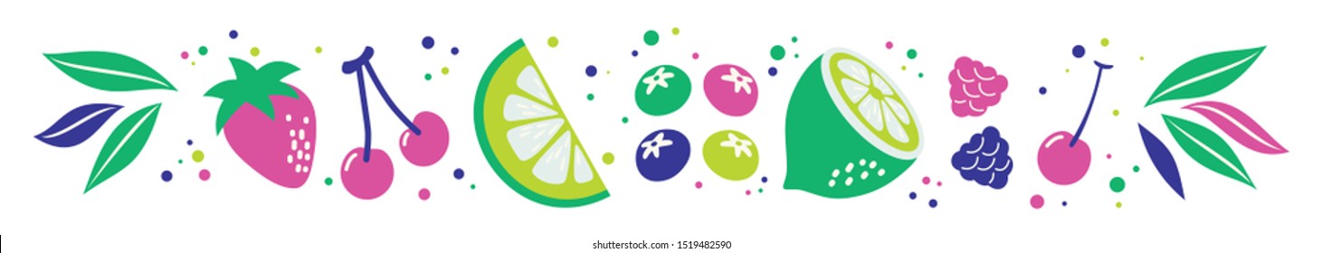 Strawberries oranges cherries blueberries on a white background. Bright summer fruit illustration. Fruit Mix design for fabric and decor. Collection of fruits. Set of colorful cartoon fruit icons
