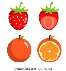 Strawberries and oranges isolated on white background. Abstract design logo. Logotype art - vector 