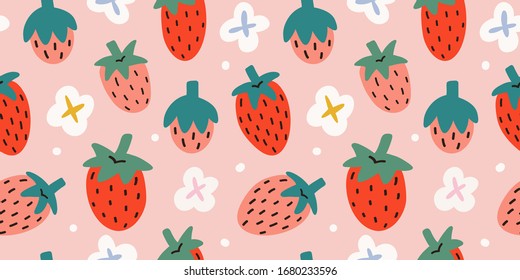 Strawberries Pattern, Colorful Seamless Vector Pattern With Cute Hand Drawn Summer Berries, Seasonal Dessert, Pink And Red Fruit, Good As Fabric Print, Colored Cartoon Illustrations