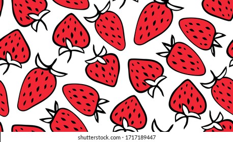 Strawberries pattern, colorful seamless vector pattern with cute hand drawn summer berries, seasonal dessert, red fruit, good as fabric print