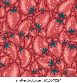 Strawberries pattern, colorful seamless vector pattern with hand drawn summer berries, pink and red fruit, good as fabric print, colored cartoon illustrations