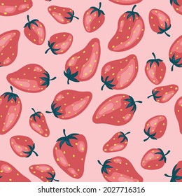 Strawberries pattern, colorful seamless vector pattern with hand drawn summer berries, pink and red fruit, good as fabric print, colored cartoon illustrations