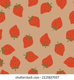 Strawberries pattern, colorful seamless vector pattern with cute hand drawn summer berries, seasonal dessert, red fruit. Colored cartoon illustrations.