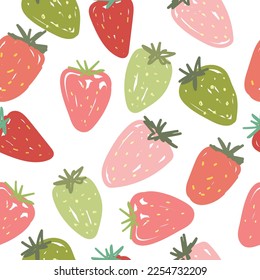 Strawberries pattern, colorful seamless vector pattern with cute hand drawn summer berries, seasonal dessert, pink and red fruit, good as fabric print, colored cartoon illustrations