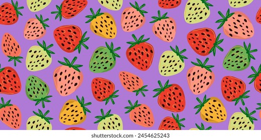 Strawberries pattern on purple background. Vector seamless pattern with colorful strawberries in cartoon style. Simple berries vector design for fabric, textile, prints, packaging, scrapbooking.