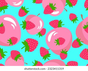Strawberries and peaches seamless pattern. Summer berry fruit mix of peaches and strawberries in 3d style. Design for banner and poster and promotional products. Vector illustration