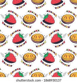 Erdbeeren und Kuchen. Nahtloses Muster auf weißem Hintergrund. Cute Vektorgrafik.