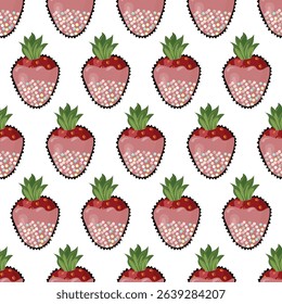 Strawberries in pink glaze decorated with colorful sugar confetti. Seamless pattern. Vector illustration.