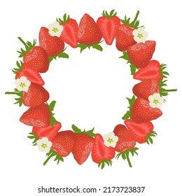 Strawberries plant wreath with leaves, flowers on white background template. Vector set of berry element for advertising, packaging design of strawberry products. Berry frame for your text
