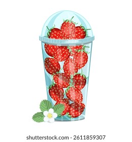 Strawberries in a plastic cup with a lid, insulated on a white background.Vector composition for summer designs.