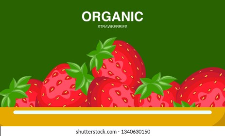 Strawberries in Plate Vector Banner with Text. Organic, Eco Product. Raw, Ripe Berry with Leaves and Seeds. Glossy, Juicy Fruit. Kitchenware on Table. Healthy Food. Green Background