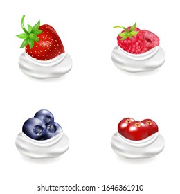 Strawberries, raspberries, blueberries and cranberries with white whipped cream. Milk twirl, splashes, cake decorating and baking. Realistic vector illustrations.