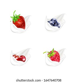 Strawberries, raspberries, blueberries and cranberries with white whipped cream. Milk twirl, splashes, cake decorating and baking. Realistic vector illustrations.