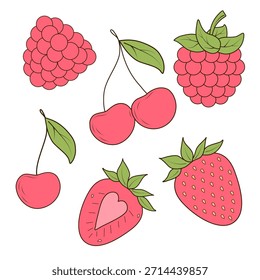Fresas, frambuesas y cerezas ilustraciones únicas dibujadas a mano de varias frutas. Ilustración vectorial en un estilo plano de dibujos animados. Conveniente para el diseño de empaquetado, etiquetas, textiles