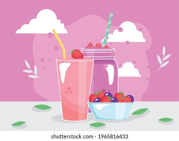strawberries and raspberries smoothies glasses and bowl