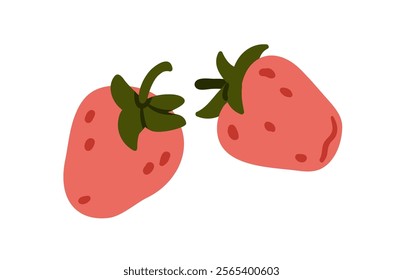 Strawberries, red summer berries. Sweet ripe garden fruit with green leaf. Healthy vitamin natural food, fresh eating. Flat graphic vector illustration isolated on white background