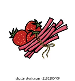 strawberries and rhubarb doodle icon, vector illustration