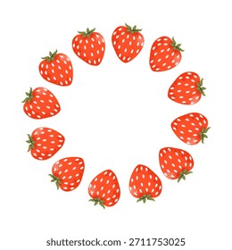 Strawberries round border frame on white background. Cute doodle style summer fruits with place for text. Hand drawn illustration for cards, flyers, social media wallpapers